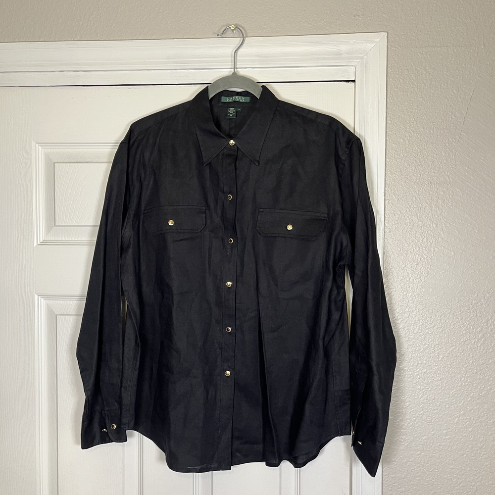Ralph Lauren Top Shirt Womens Large Linen Button Up Long Sleeve Roll Tab